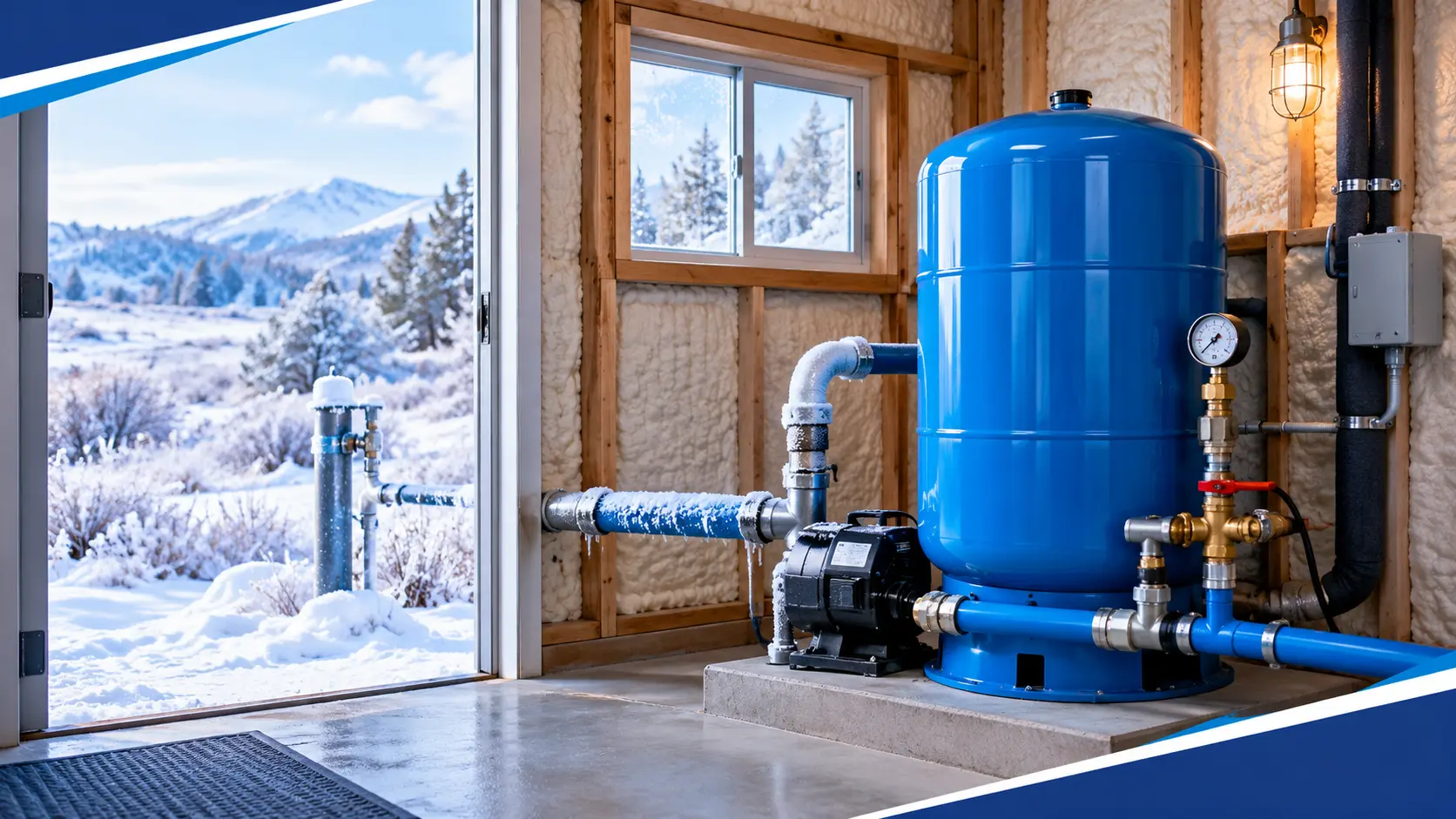 Blue water pressure tank and well pump system in an insulated utility room with snowy winter conditions outside.
